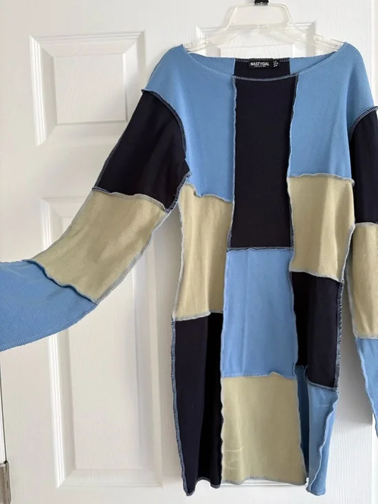 Nasty Gal Patchwork Colorblock Long Sleeve Dress - Light Blue, Black, Olive - Picture 2 of 5